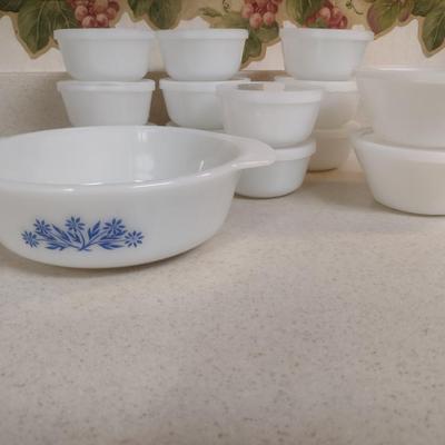 Collection of Milk Glass Bakeware- Casserole Dish, Custard Cups with Lids, and Handled Soup Bowls with Lids