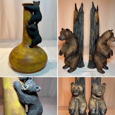Pottery Vase W/Climbing Bears & Bear Bookends (BP-RG)