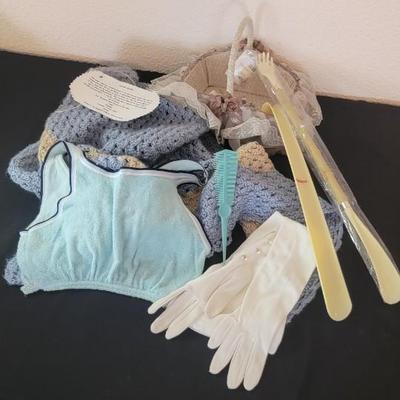 Vintage prayer shawl, basket, gloves