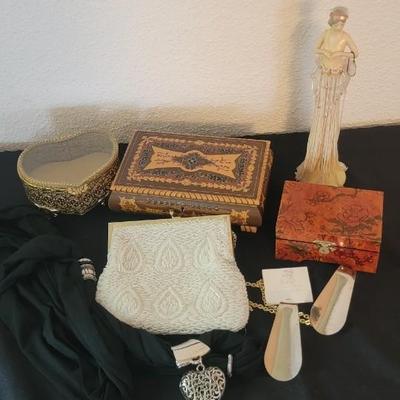 Jewelry boxes, beaded bag, plus
