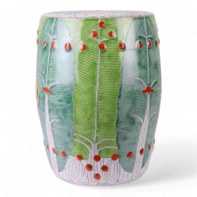 Unique Hand-Painted Chinese Bok Choy Cabbage Leaf Ceramic Garden Stool, Side Table, or Plant Stand, Jingdezhen Porcelain
