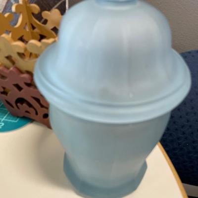 Blue vase with lid, decor and coasters