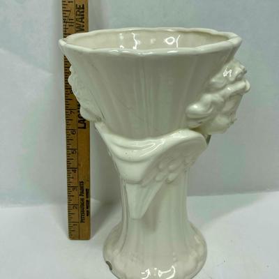 Cream Colored Ceramic Pottery Vase Angel Motif