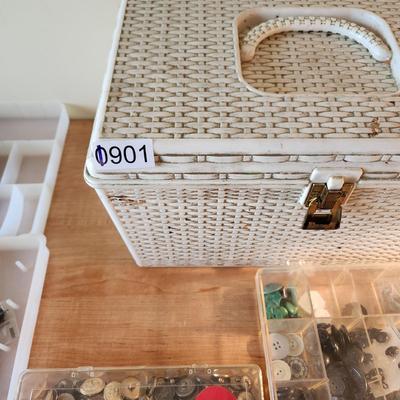 Sewing Crafting Lot Wilson Wil-hol Plastic Basket + trays of Buttons , Thread Spools and more