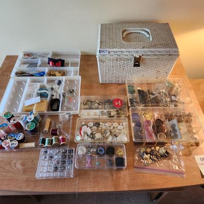 Sewing Crafting Lot Wilson Wil-hol Plastic Basket + trays of Buttons , Thread Spools and more