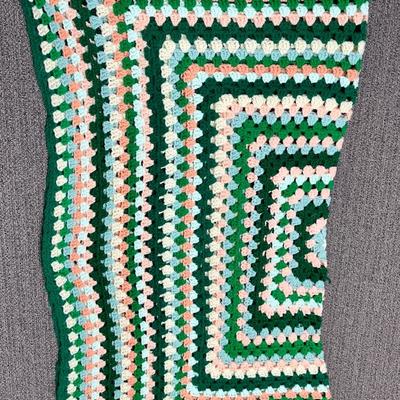 Vintage Crocheted Blanket = dark green, light each, dark peach, light blue, white