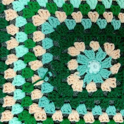 Vintage Crocheted Blanket = dark green, light each, dark peach, light blue, white