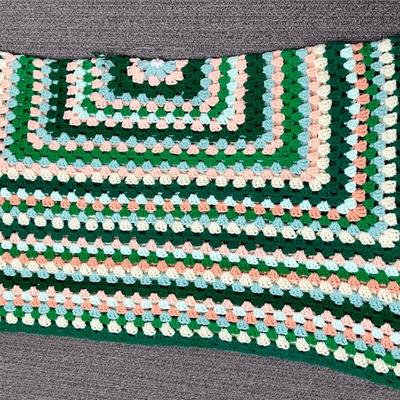Vintage Crocheted Blanket = dark green, light each, dark peach, light blue, white