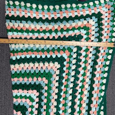Vintage Crocheted Blanket = dark green, light each, dark peach, light blue, white