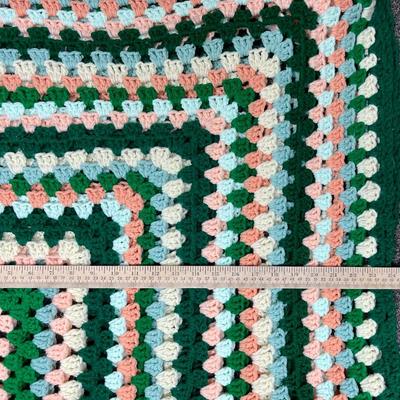 Vintage Crocheted Blanket = dark green, light each, dark peach, light blue, white