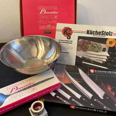 NIB stainless salad bowl, spoon and Kuchestolz knives