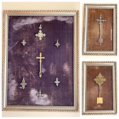 3 Vintage Framed Mounted Ethiopian Coptic Hand & Pendant Crosses