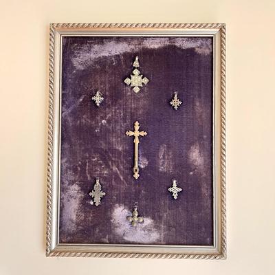 3 Vintage Framed Mounted Ethiopian Coptic Hand & Pendant Crosses