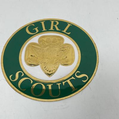 Vintage Girl Scout Emblem Sticker Decal 3.5" Royal-Cal Gold & Green Circle