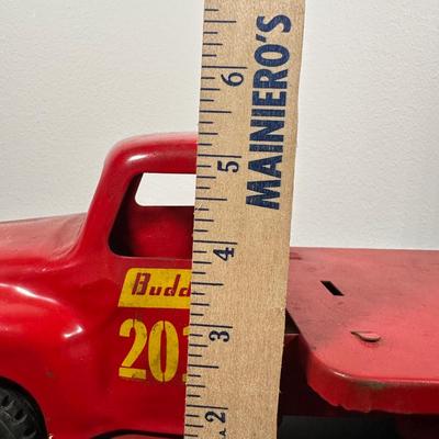 LOT 9L: Vintage 1950s Buddy L Toy Flatbed Truck & Tin Battery Operated Chemical Fire Engine