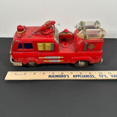 LOT 9L: Vintage 1950s Buddy L Toy Flatbed Truck & Tin Battery Operated Chemical Fire Engine