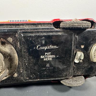 LOT 9L: Vintage 1950s Buddy L Toy Flatbed Truck & Tin Battery Operated Chemical Fire Engine