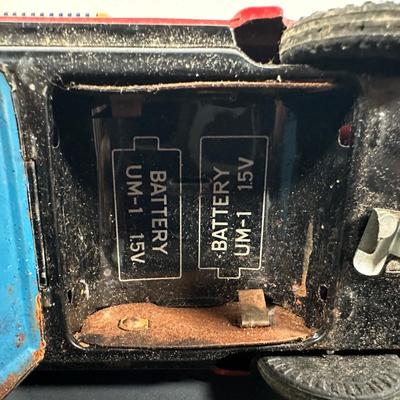 LOT 9L: Vintage 1950s Buddy L Toy Flatbed Truck & Tin Battery Operated Chemical Fire Engine