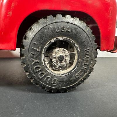 LOT 9L: Vintage 1950s Buddy L Toy Flatbed Truck & Tin Battery Operated Chemical Fire Engine