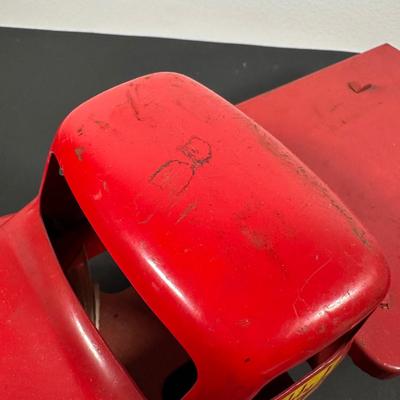 LOT 9L: Vintage 1950s Buddy L Toy Flatbed Truck & Tin Battery Operated Chemical Fire Engine