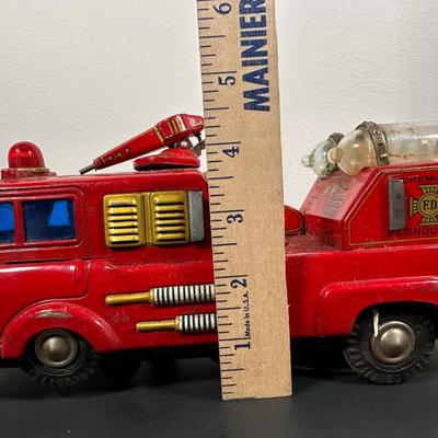 LOT 9L: Vintage 1950s Buddy L Toy Flatbed Truck & Tin Battery Operated Chemical Fire Engine