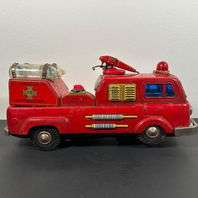 LOT 9L: Vintage 1950s Buddy L Toy Flatbed Truck & Tin Battery Operated Chemical Fire Engine