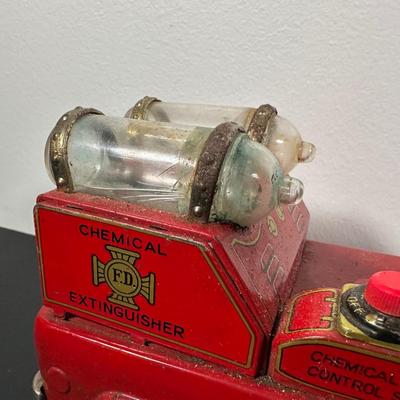 LOT 9L: Vintage 1950s Buddy L Toy Flatbed Truck & Tin Battery Operated Chemical Fire Engine