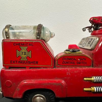 LOT 9L: Vintage 1950s Buddy L Toy Flatbed Truck & Tin Battery Operated Chemical Fire Engine