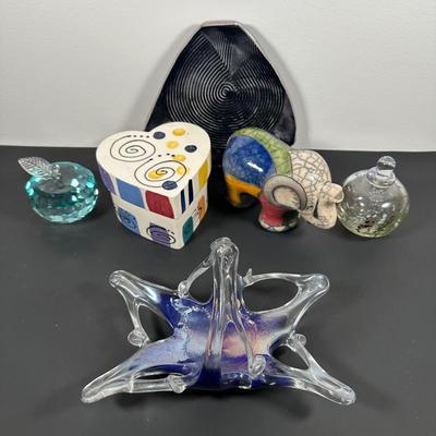 LOT 11L: Vintage Murano Art Glass Candy Dish, Signed Paper Weights & More