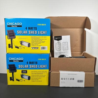 LOT 13L: 2 Chicago Electric Solar Shed Lights & 2 Amazon Basics Electric Keypad Deadbolts - NIP