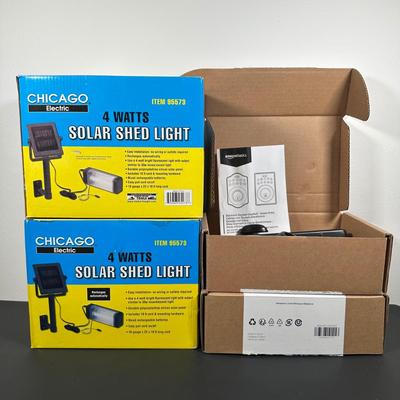 LOT 13L: 2 Chicago Electric Solar Shed Lights & 2 Amazon Basics Electric Keypad Deadbolts - NIP