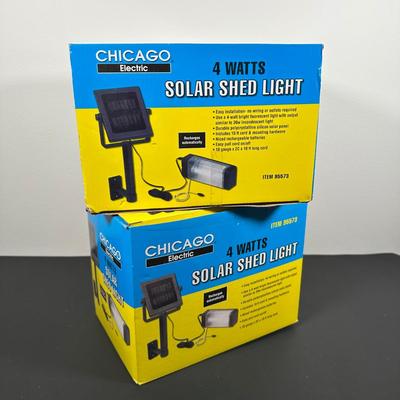 LOT 13L: 2 Chicago Electric Solar Shed Lights & 2 Amazon Basics Electric Keypad Deadbolts - NIP