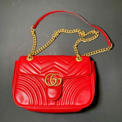 LOT 21 L: Gucci Red Marmont Matelase Shoulder Bag in Hibiscus Red Calfskin Leather w/ Suede Interior