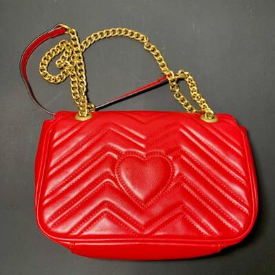 LOT 21 L: Gucci Red Marmont Matelase Shoulder Bag in Hibiscus Red Calfskin Leather w/ Suede Interior