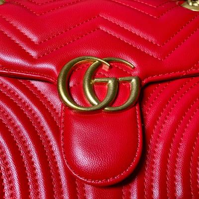 LOT 21 L: Gucci Red Marmont Matelase Shoulder Bag in Hibiscus Red Calfskin Leather w/ Suede Interior