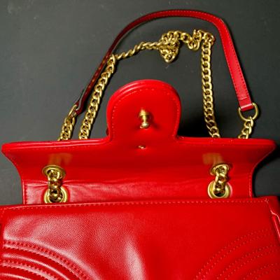 LOT 21 L: Gucci Red Marmont Matelase Shoulder Bag in Hibiscus Red Calfskin Leather w/ Suede Interior
