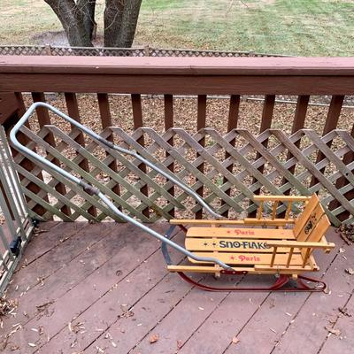 LOT 33 L: Vintage Paris Sno-Flake Wooden Children's Sled w/ Aluminium Handle