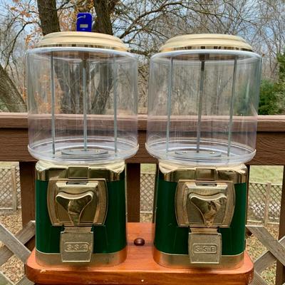 LOT 37 L: Dual Silent Sales Force Inc. Gumball Machines on Wooden Stand w/ Key