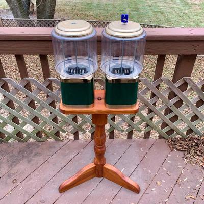 LOT 37 L: Dual Silent Sales Force Inc. Gumball Machines on Wooden Stand w/ Key