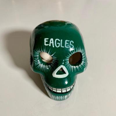 LOT 38 L: NFL Philadelphia Eagles Collection: Glass & Plastic Drinking Glasses, Hand Painted Sugar Skull, Glitter Lamp, & More