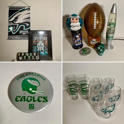 LOT 38 L: NFL Philadelphia Eagles Collection: Glass & Plastic Drinking Glasses, Hand Painted Sugar Skull, Glitter Lamp, & More