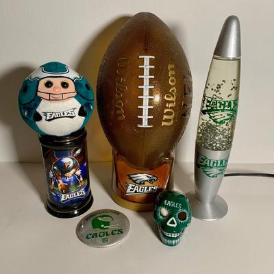 LOT 38 L: NFL Philadelphia Eagles Collection: Glass & Plastic Drinking Glasses, Hand Painted Sugar Skull, Glitter Lamp, & More