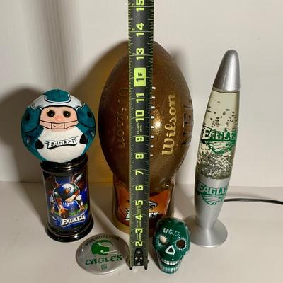 LOT 38 L: NFL Philadelphia Eagles Collection: Glass & Plastic Drinking Glasses, Hand Painted Sugar Skull, Glitter Lamp, & More