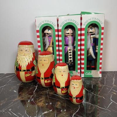 LOT 46D: Vintage Santa Nesting Dolls & Three Wooden Nutcrackers w/ Boxes