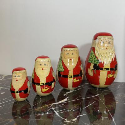 LOT 46D: Vintage Santa Nesting Dolls & Three Wooden Nutcrackers w/ Boxes