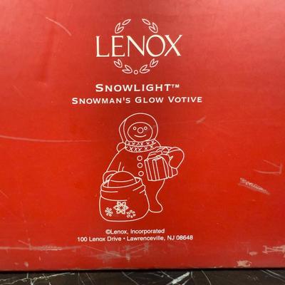 LOT 50D: Lenox Christmas - Stacking Snowman Candy Box, Yuletide Snowman Votive, Snowman’s Glow Votive, Dash Away All Santa in Sleigh...