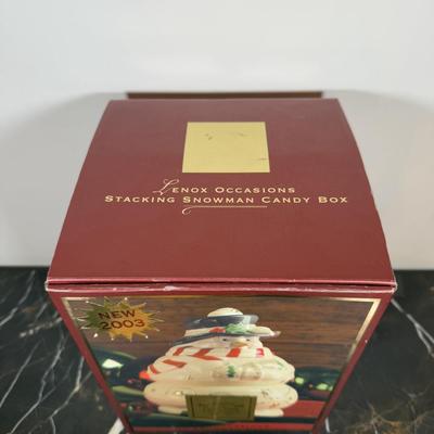 LOT 50D: Lenox Christmas - Stacking Snowman Candy Box, Yuletide Snowman Votive, Snowman’s Glow Votive, Dash Away All Santa in Sleigh...