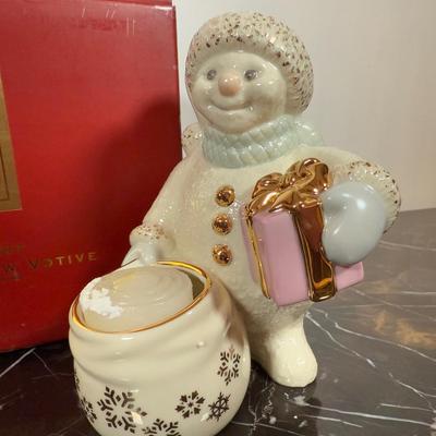 LOT 50D: Lenox Christmas - Stacking Snowman Candy Box, Yuletide Snowman Votive, Snowman’s Glow Votive, Dash Away All Santa in Sleigh...