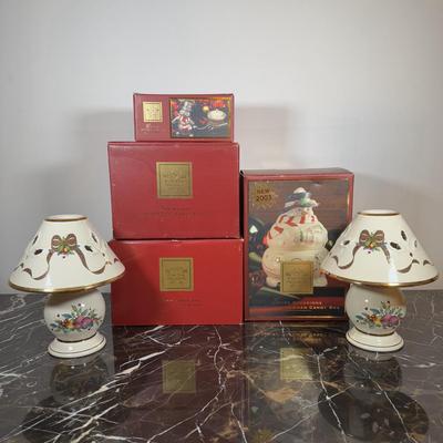 LOT 50D: Lenox Christmas - Stacking Snowman Candy Box, Yuletide Snowman Votive, Snowman’s Glow Votive, Dash Away All Santa in Sleigh...