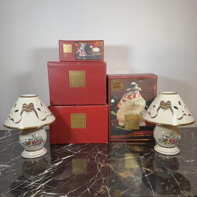 LOT 50D: Lenox Christmas - Stacking Snowman Candy Box, Yuletide Snowman Votive, Snowman’s Glow Votive, Dash Away All Santa in Sleigh...